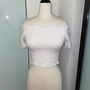 Roberta Oaks Smocked Off-Shoulder Crop Top, White